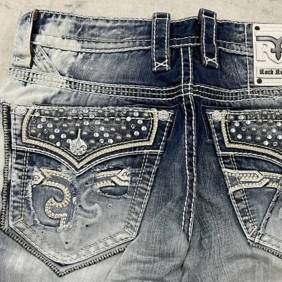 (RV-8)New Rock Revival Men's Monte Studded Distress Denim Shorts In Blue Size:32 - Picture 4 of 5